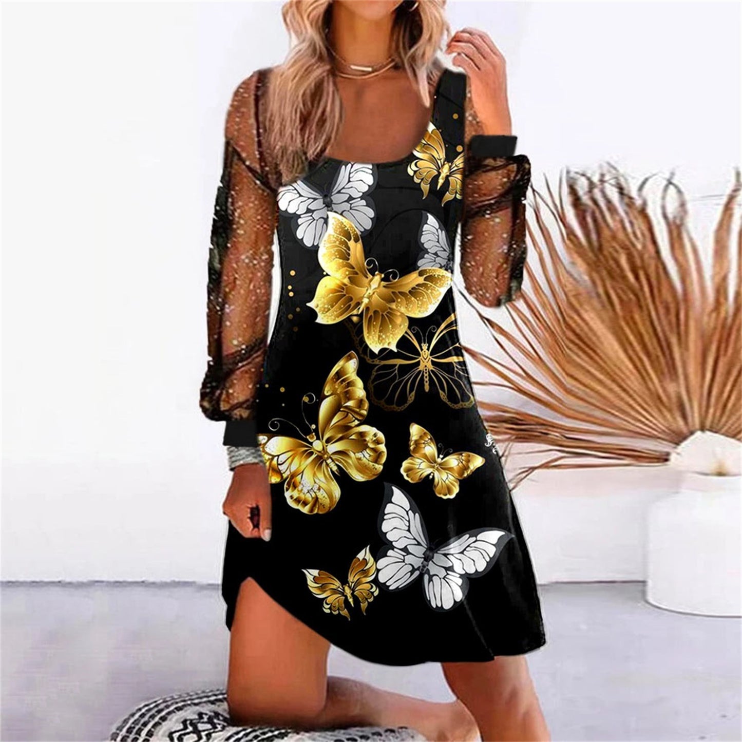 Robe Chic à Manches Transparentes - Motifs Variés