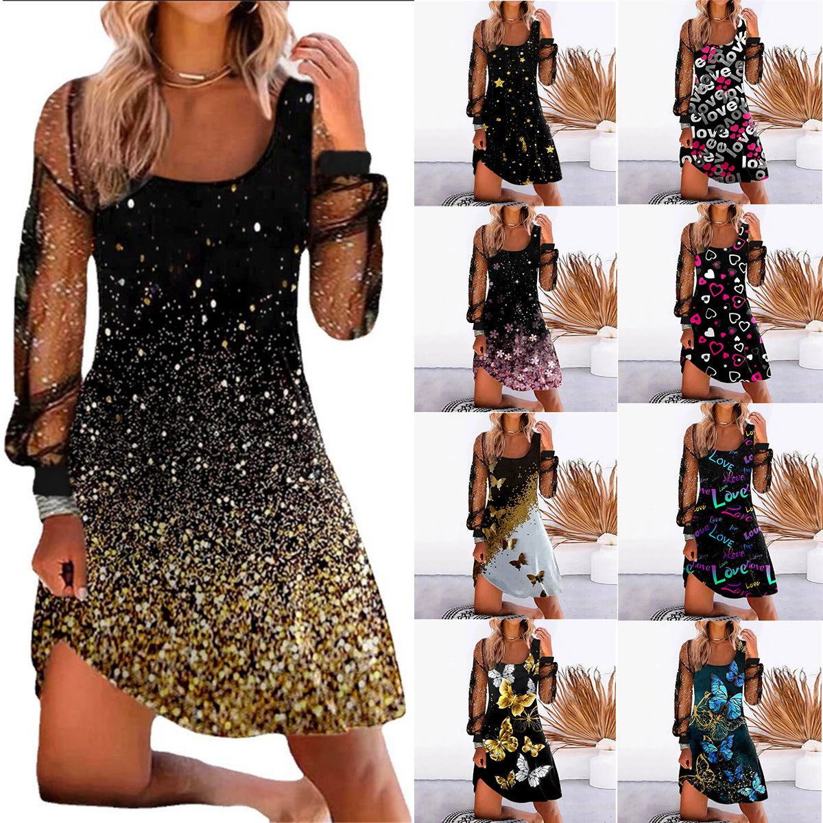 Robe Chic à Manches Transparentes - Motifs Variés